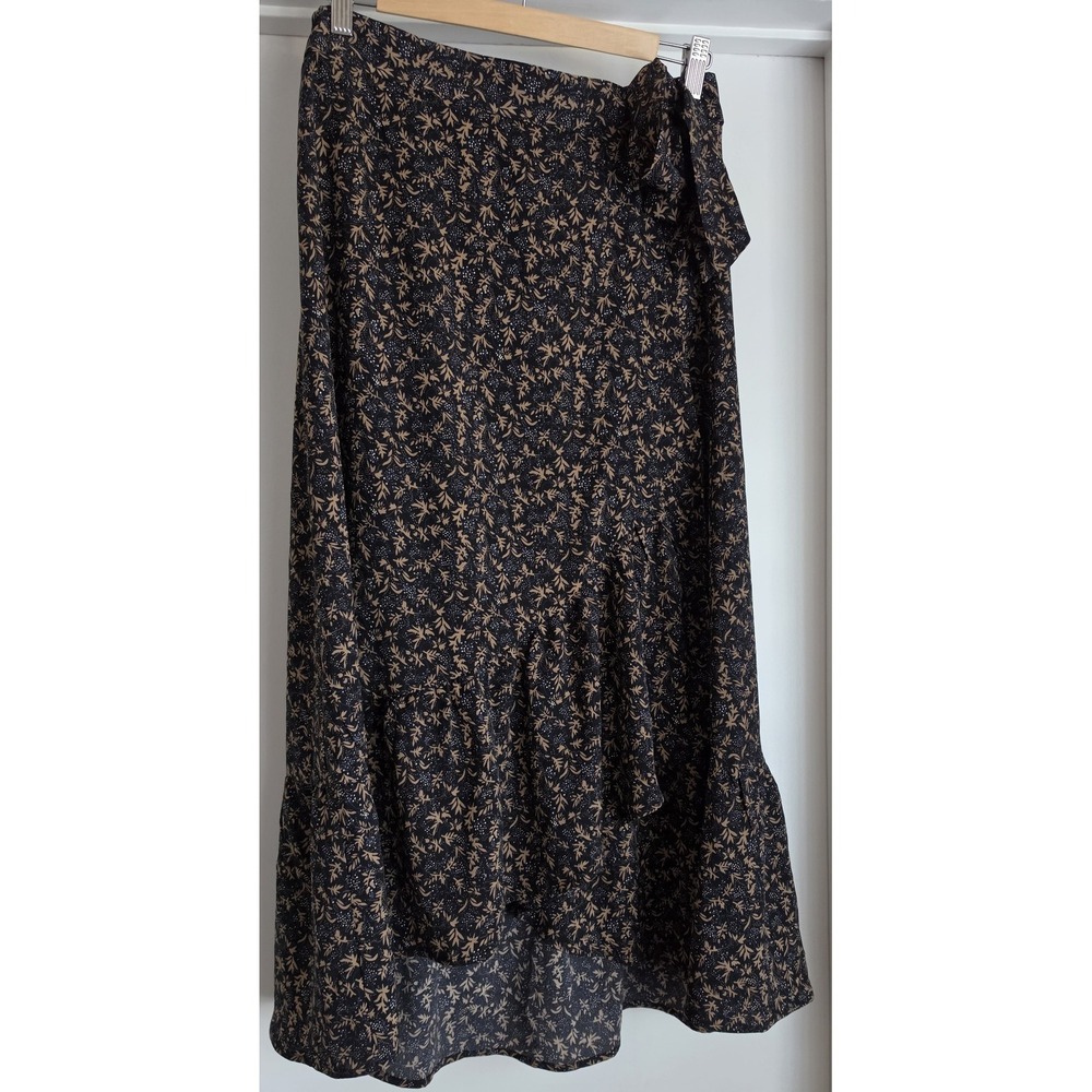 French Kiss Women's Maxi Wrap Skirt Size L Black Floral Retro Vintage style